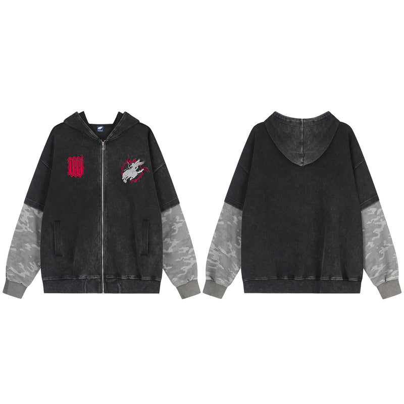 Acid Wash Zip-Up Hoodie with Camo Sleeves and Embroidered Graphic