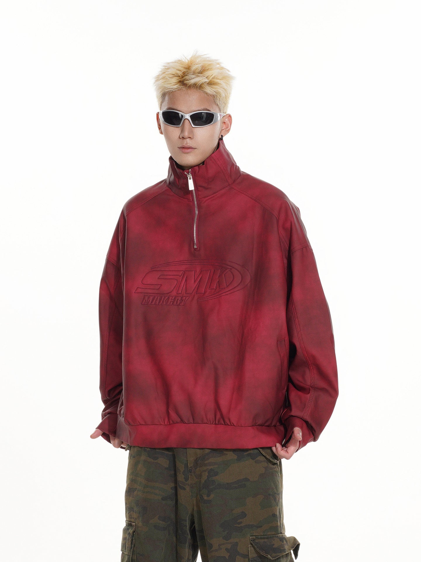 Sweat-shirt SMK à demi-zip – Col montant vintage effet délavé à l’acide
