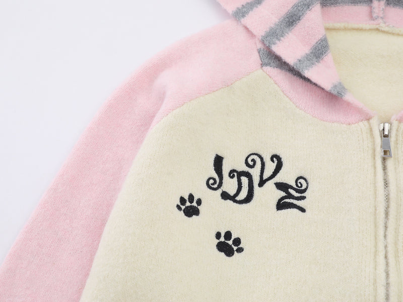 Cartoon Cat Knit Zip-Up Hoodie – Striped Colorblock Cardigan Sweater