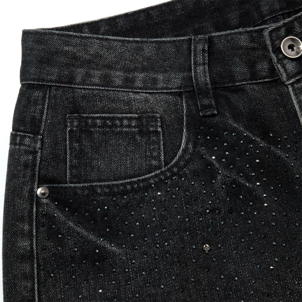 Men's Relaxed Fit Jeans – Washed Black Straight-Leg Rhinestone Star Denim