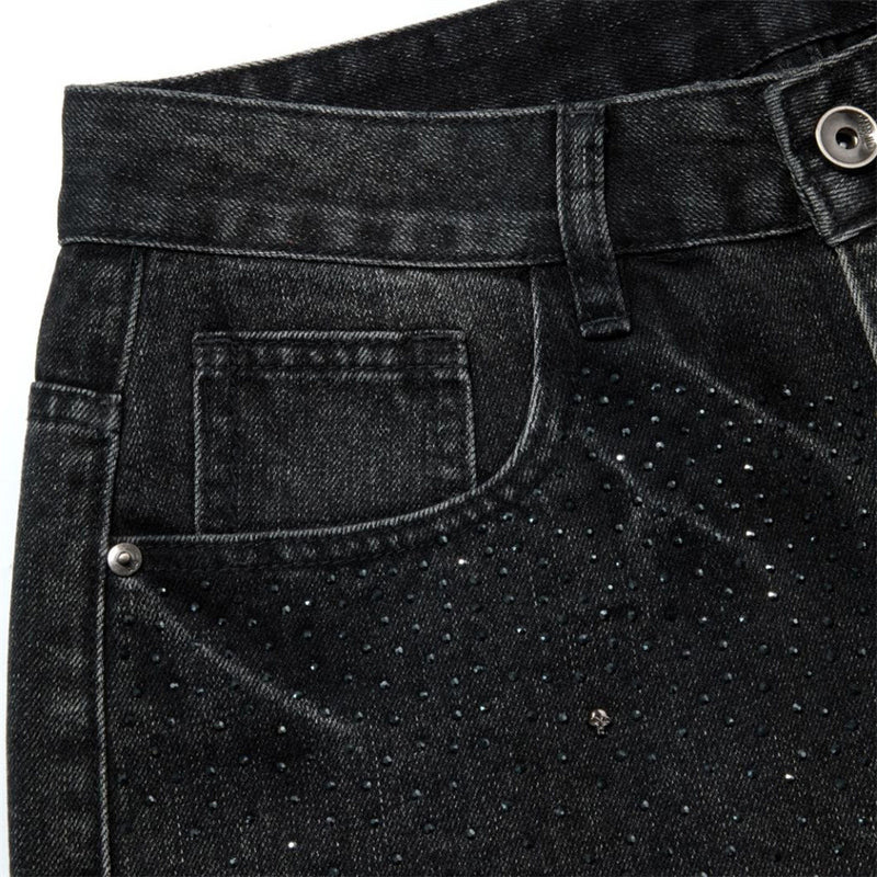 Men's Relaxed Fit Jeans – Washed Black Straight-Leg Rhinestone Star Denim