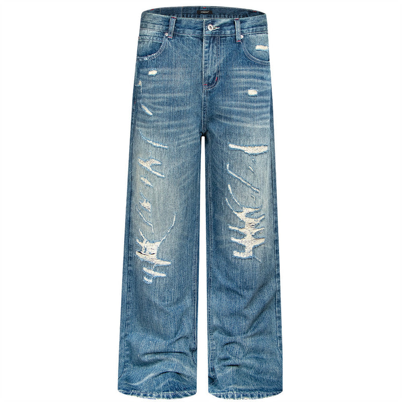 Wide-Leg Distressed Jeans – Men's Washed Blue Baggy Straight Denim