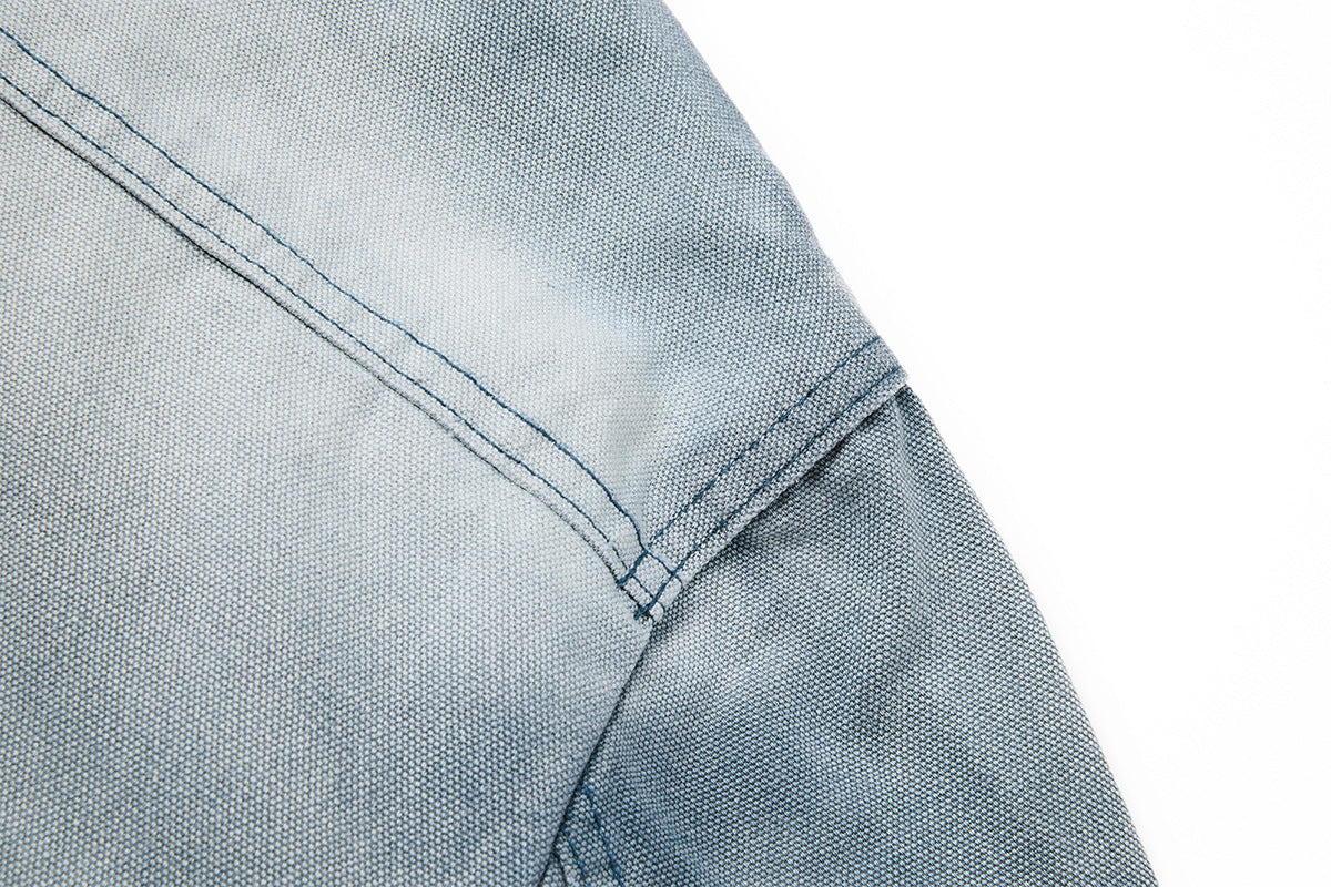 Boxy Washed Denim Workwear Jacket with Corduroy Collar & Clasp Closure