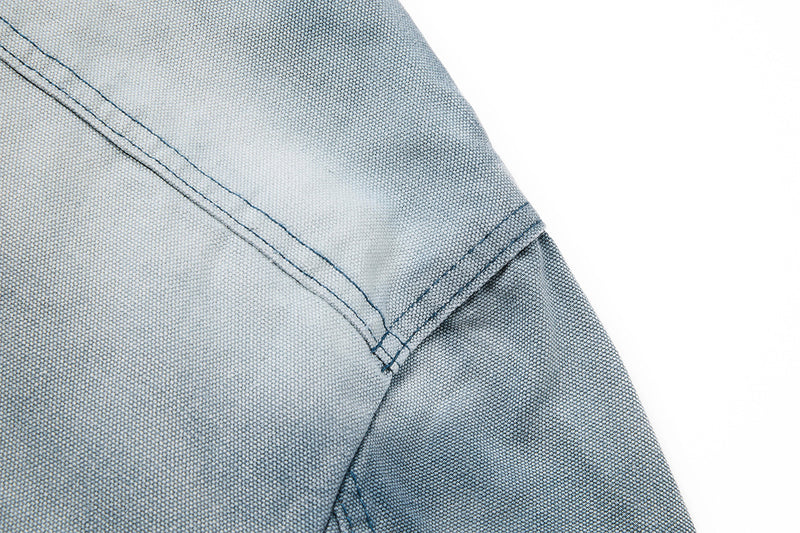 Boxy Washed Denim Workwear Jacket with Corduroy Collar & Clasp Closure