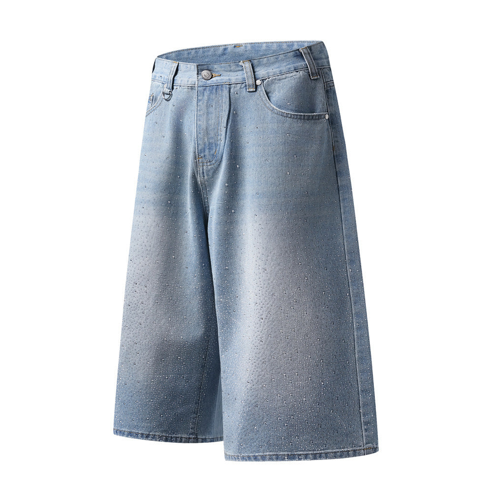 Wide-Leg Rhinestone Denim Shorts – Vintage Washed Straight-Cut Bermuda