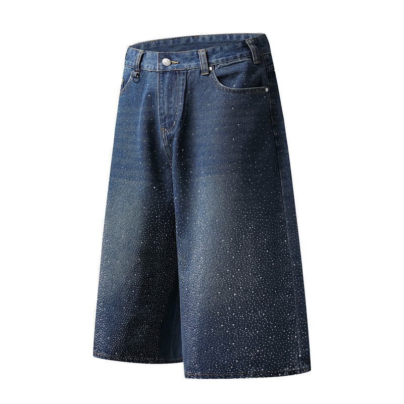 Wide-Leg Rhinestone Denim Shorts – Vintage Washed Straight-Cut Bermuda