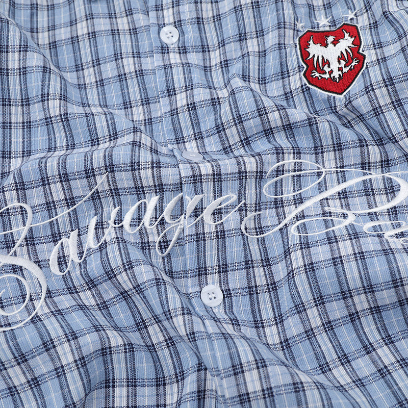 Plaid Long Sleeve Shirt with Colorblock Black Shoulder Panel and Crest
