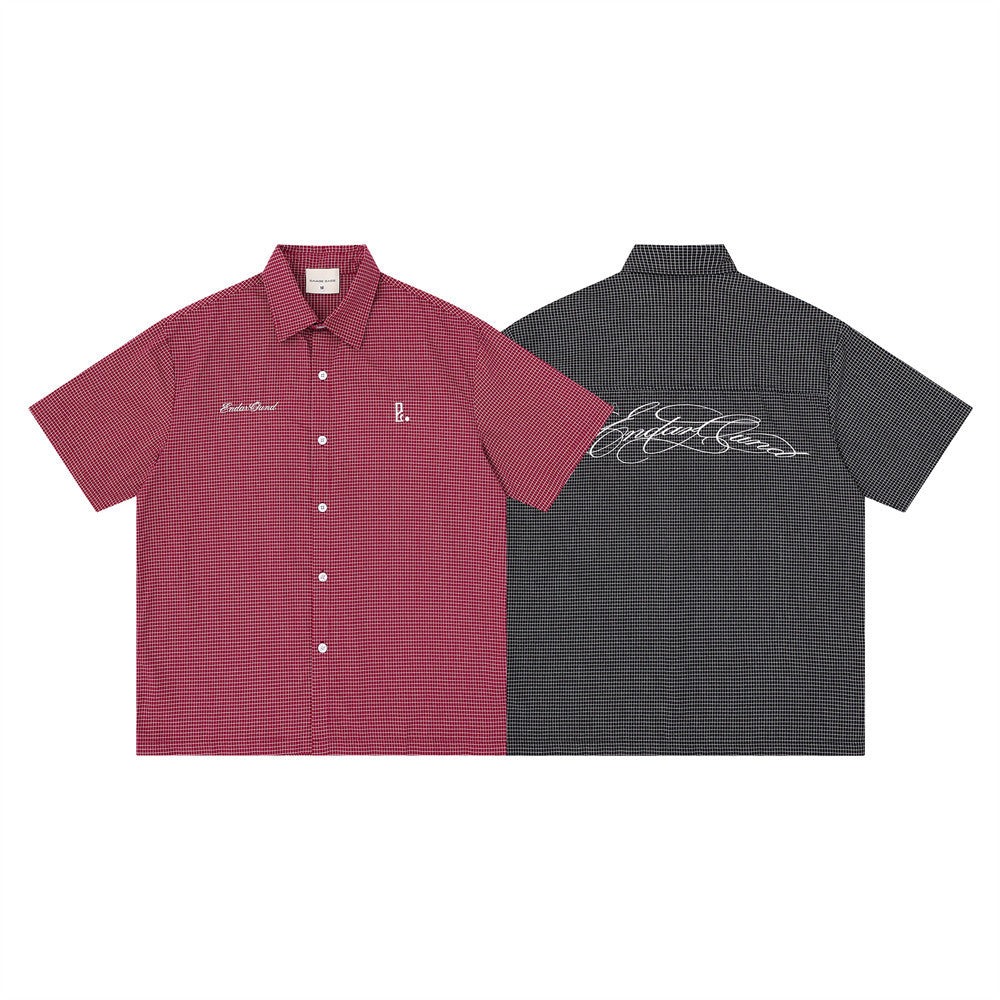 American Casual Plaid Short Sleeve Shirt with Script Embroidery