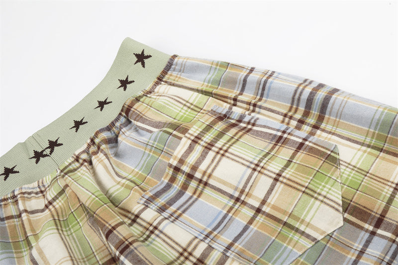 Plaid Wide-Leg Parachute Pants with Elastic Star Waistband & Drawstring Hem