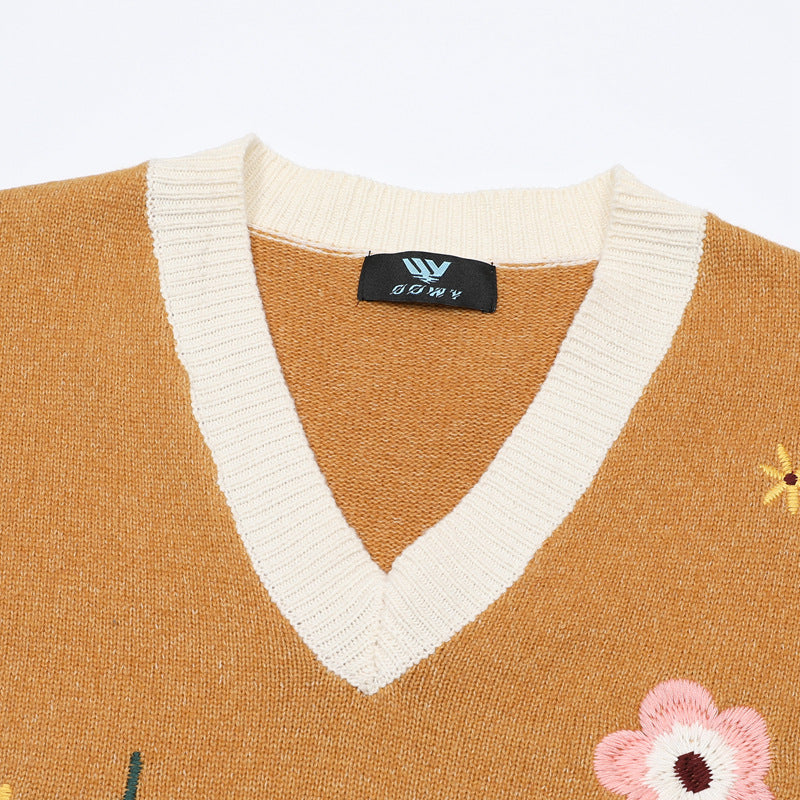 Floral Embroidery V-Neck Sweater Vest – Cottagecore Knit Sleeveless Top