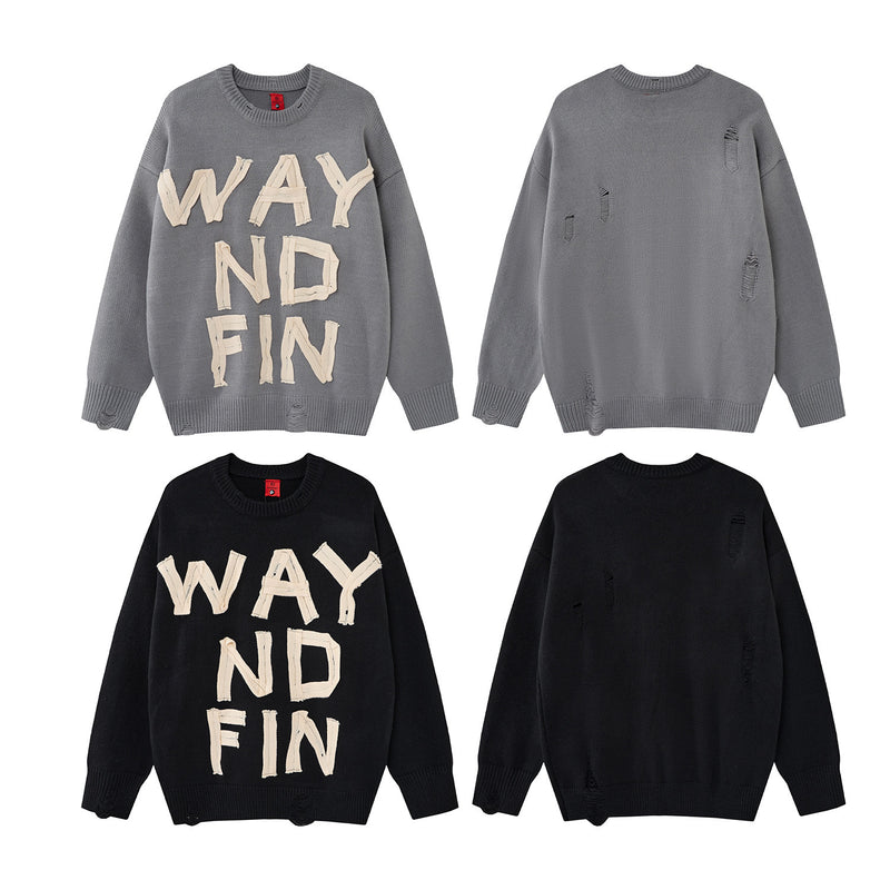 Pull col rond oversize en maille usée avec motif de lettres appliquées
