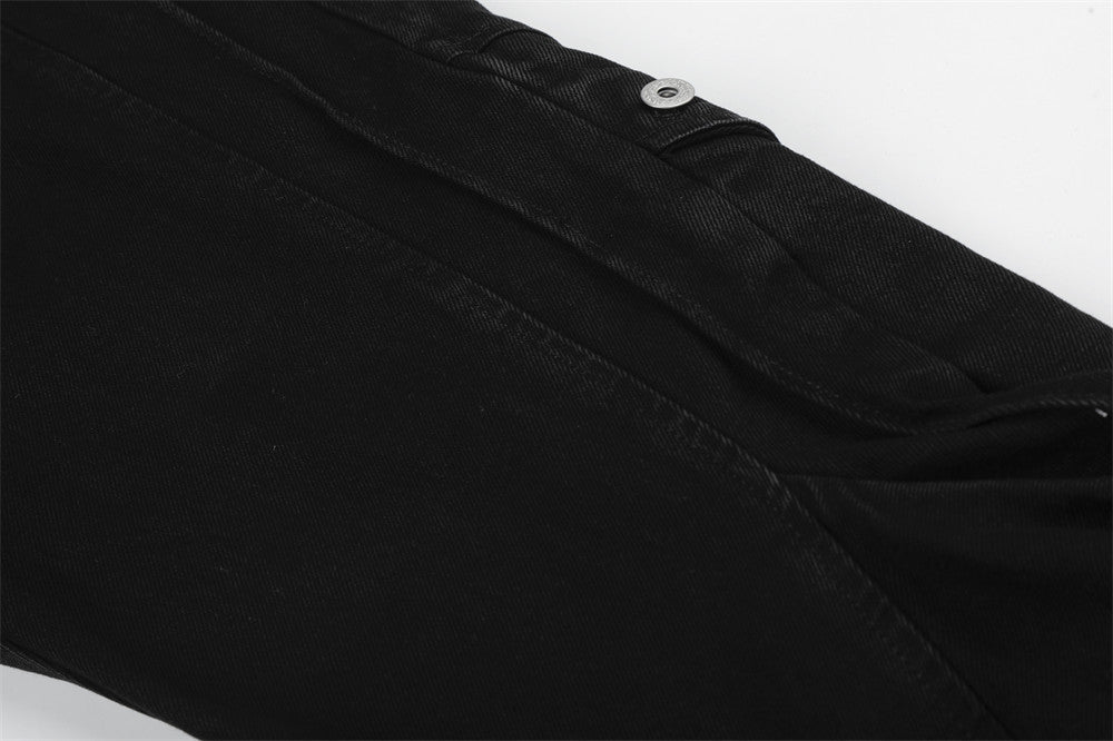 Wide-Leg Cargo Jeans – Pleated Multi-Pocket Washed Black Denim