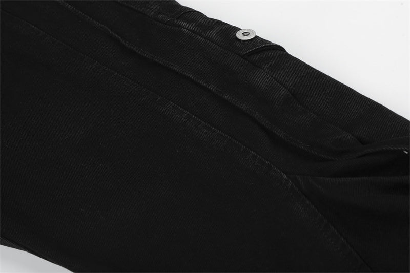Wide-Leg Cargo Jeans – Pleated Multi-Pocket Washed Black Denim