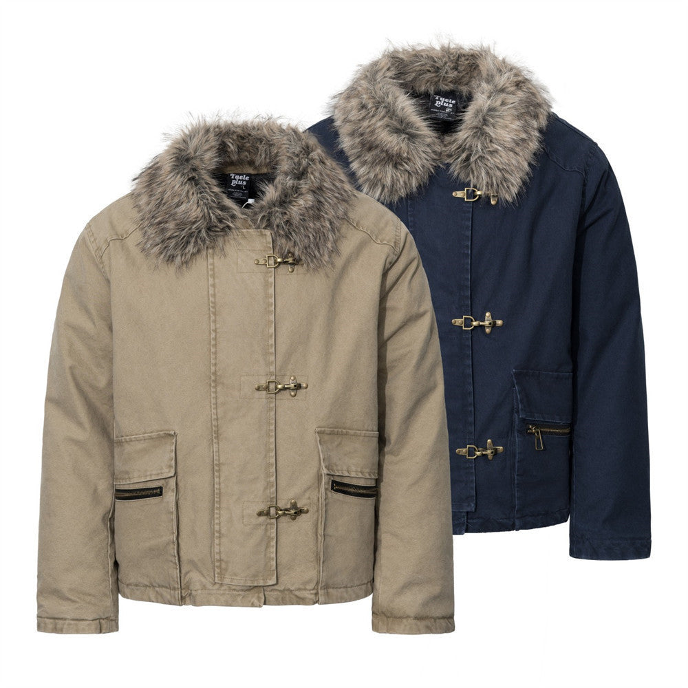 Men's Padded Canvas Jacket with Faux Fur Collar & Metal Toggle Closures
