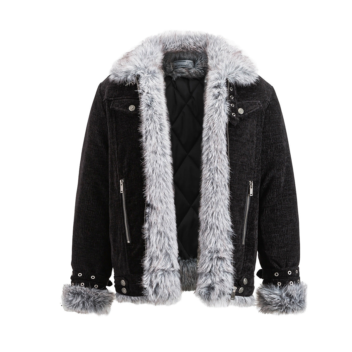 Faux Fur Lined Chenille Moto Jacket – Black Winter Biker Coat with Fur Collar &