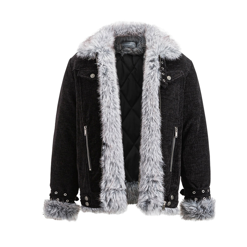 Faux Fur Lined Chenille Moto Jacket – Black Winter Biker Coat with Fur Collar &