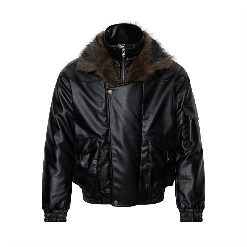 Men's Black PU Leather Bomber Jacket with Faux Fur Collar & Large Cargo Pockets