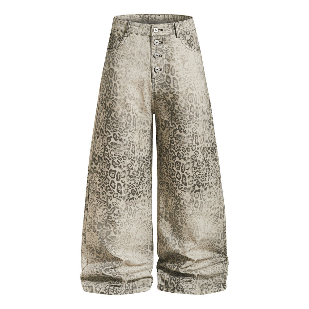 Men's baggy wide-leg leopard print jeans with button-fly and contrast rear waistband panel, front and back view