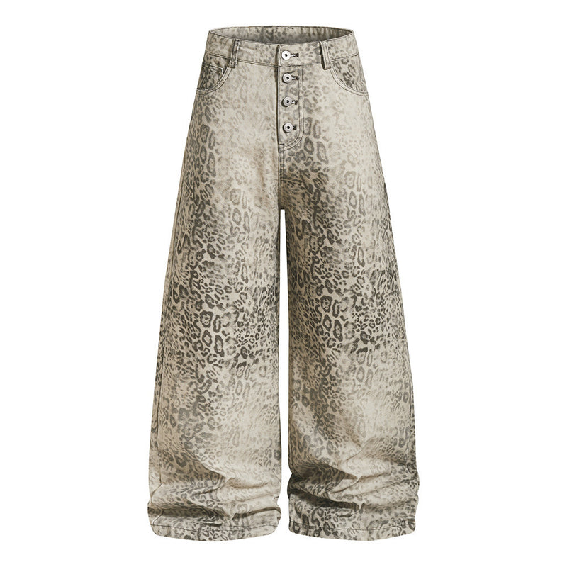 Men's baggy wide-leg leopard print jeans with button-fly and contrast rear waistband panel, front and back view