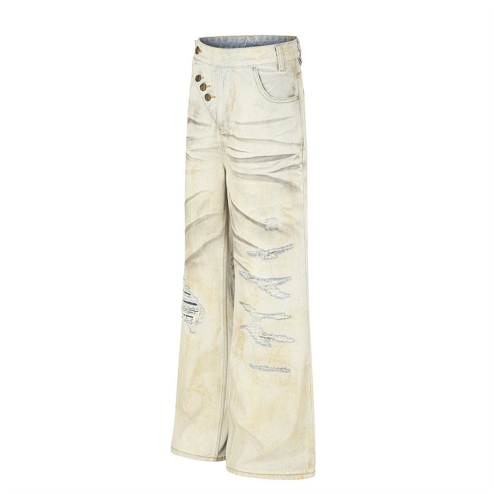 Men's Wide-Leg Distressed Jeans – Mud-Dye Washed, Diagonal Button Fly, Flare Hem