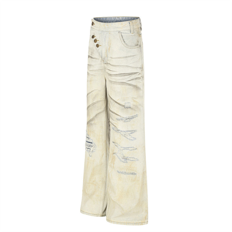 Men's Wide-Leg Distressed Jeans – Mud-Dye Washed, Diagonal Button Fly, Flare Hem
