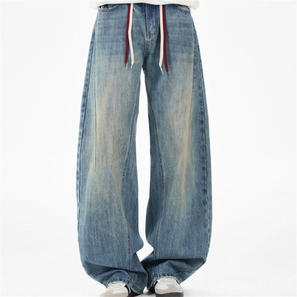 Men's Vintage Washed Wide-Leg Barrel Jeans – Oversized Streetwear Denim with
