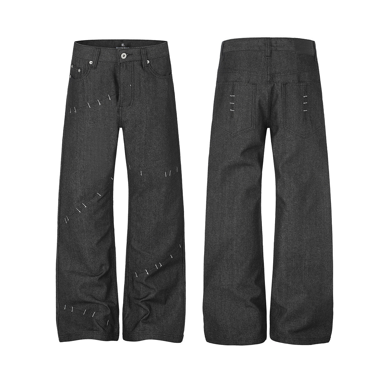 Wide-Leg Raw Denim Jeans with Deconstructed Stitch Detail — Black