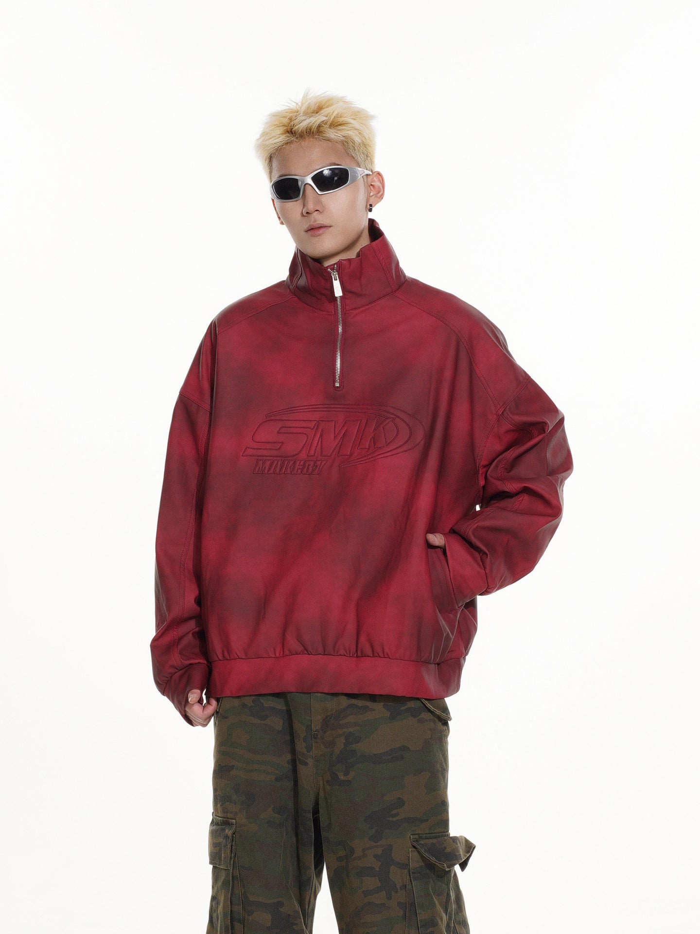 Sweat-shirt SMK à demi-zip – Col montant vintage effet délavé à l’acide