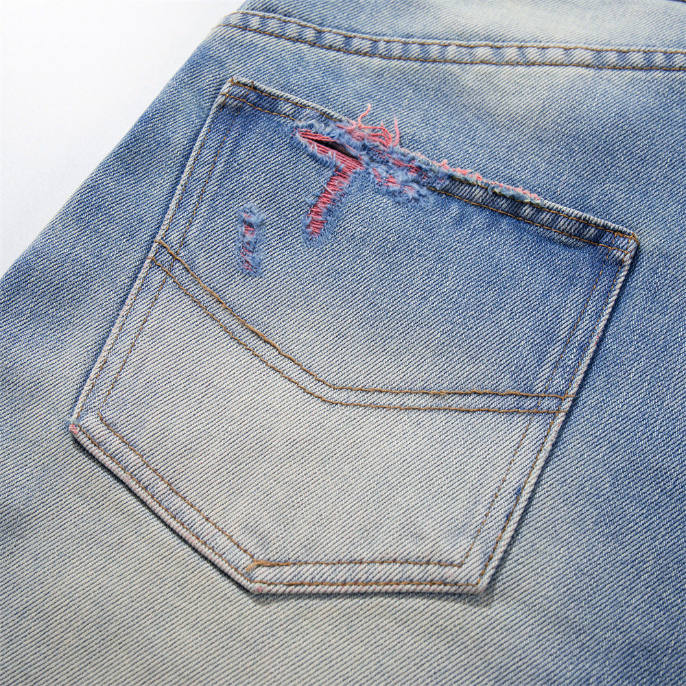 Ripped Wide-Leg Denim Shorts – Pink Thread Distressed, Washed Blue