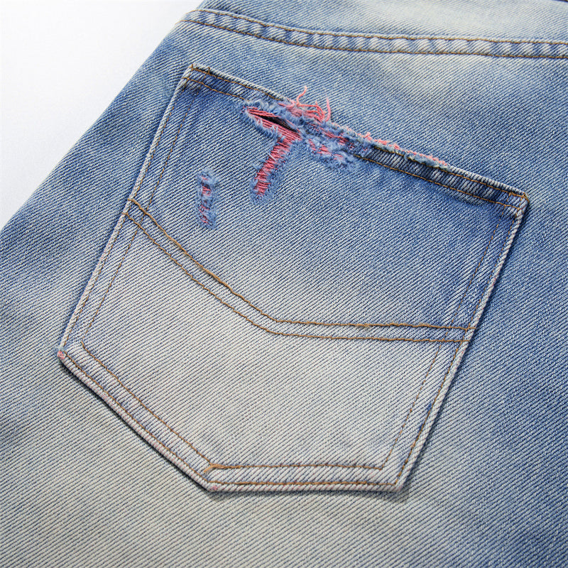 Ripped Wide-Leg Denim Shorts – Pink Thread Distressed, Washed Blue