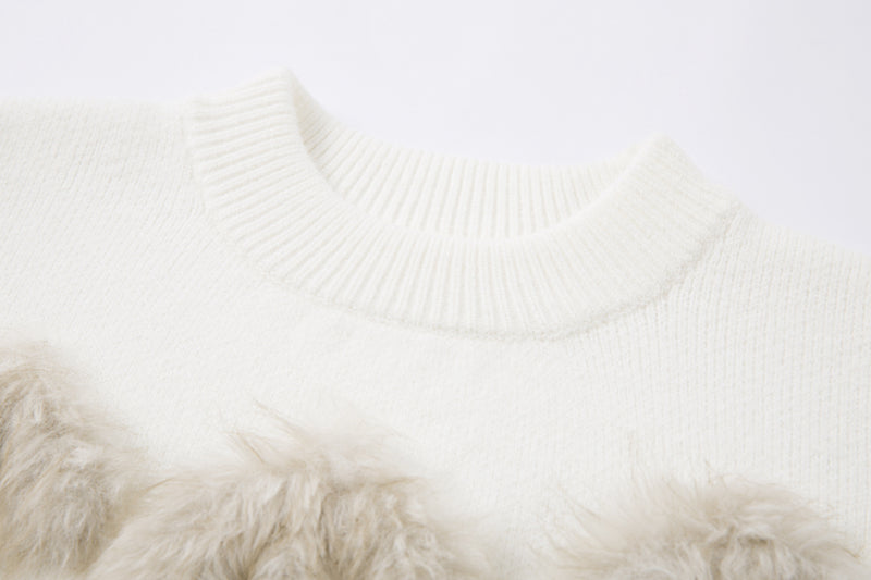 Pull gris à col rond – Maille oversize avec motif en fausse fourrure