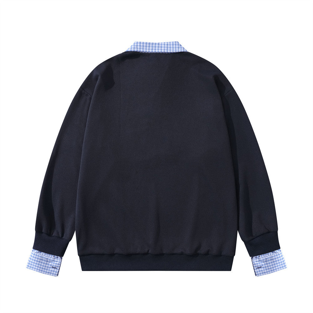 Plaid Collar Cat Embroidery Sweatshirt – Faux Two-Piece Button Polo Men's Top