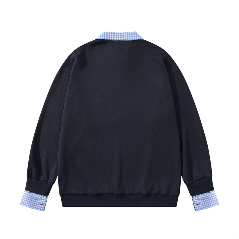 Plaid Collar Cat Embroidery Sweatshirt – Faux Two-Piece Button Polo Men's Top