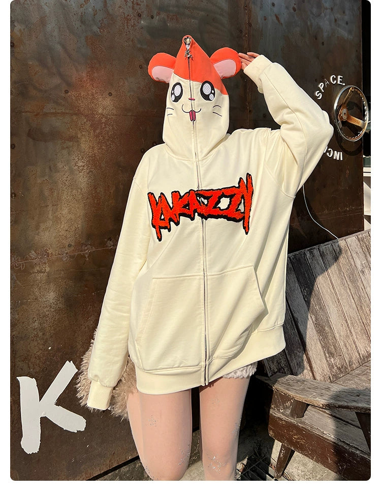 Cute Hamster Cartoon Hoodie - 400GSM Cotton with Playful Ear Design