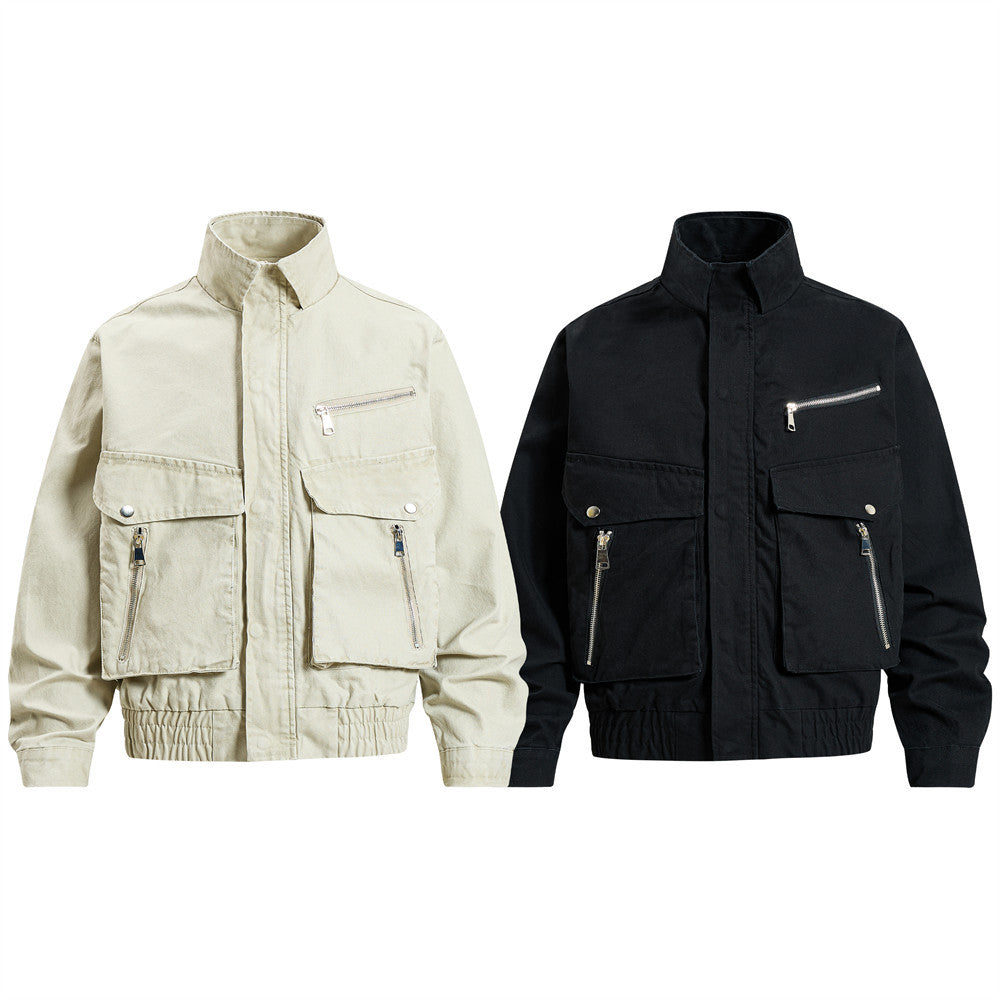 Men's Cargo Bomber Jacket with Multi-Pocket Stand Collar, Relaxed Fit