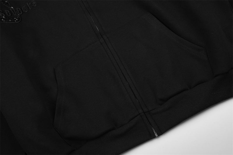Bow Embroidery Zip-Up Hoodie – Oversized Sequin Ribbon Detail