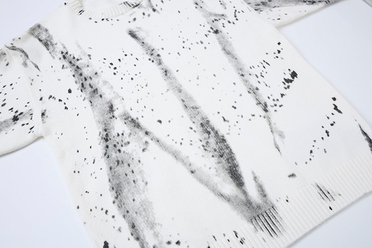 Pull en maille col rond éclaboussures d’encre – Motif peinture déstructuré