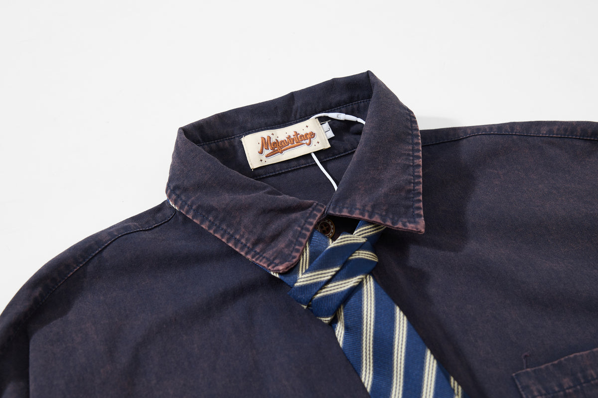 Tan Long Sleeve Shirt with Detachable Tie – Heart & Hook Embroidered Campus