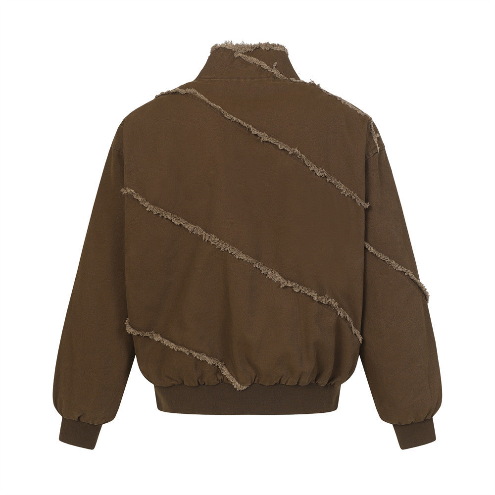 Blouson bomber déconstruit en toile à coutures effilochées et zip diagonal