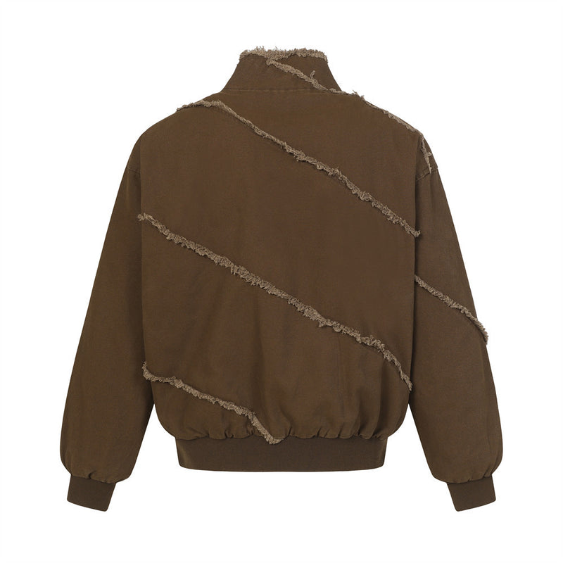 Blouson bomber déconstruit en toile à coutures effilochées et zip diagonal