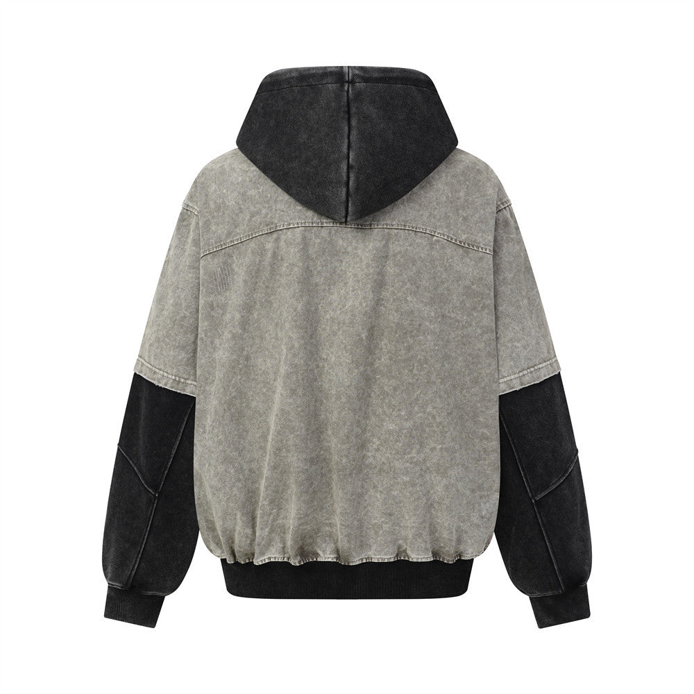 Veste à capuche homme – Bomber en denim délavé bicolore avec effet deux-pièces