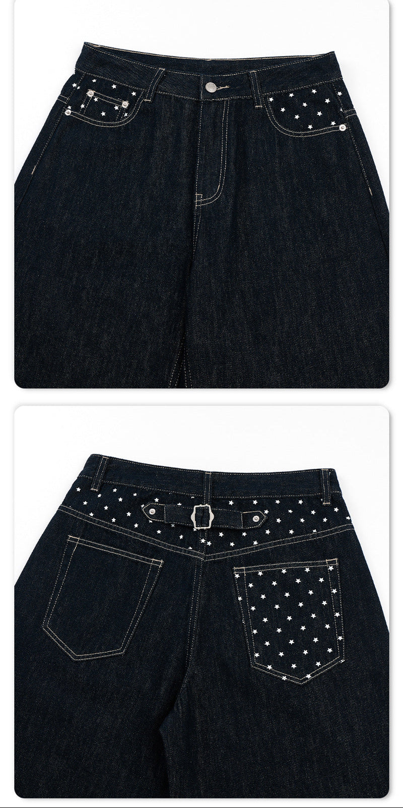 Men's Baggy Wide-Leg Jeans – Raw Denim with Star-Studded Contrast Pockets