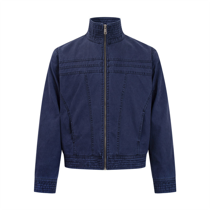 Men's Vintage Washed Stand-Collar Zip Jacket with Deconstructed Panel Seaming