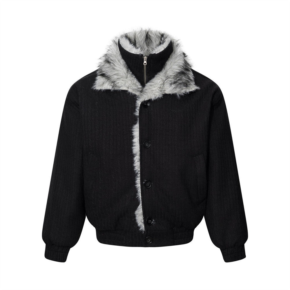 Men's double-layer ribbed knit bomber jacket with faux fur collar in black, front view