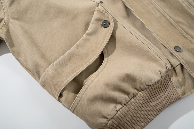 Blouson bomber kaki délavé – Col montant, boutons-pression et poches cargo