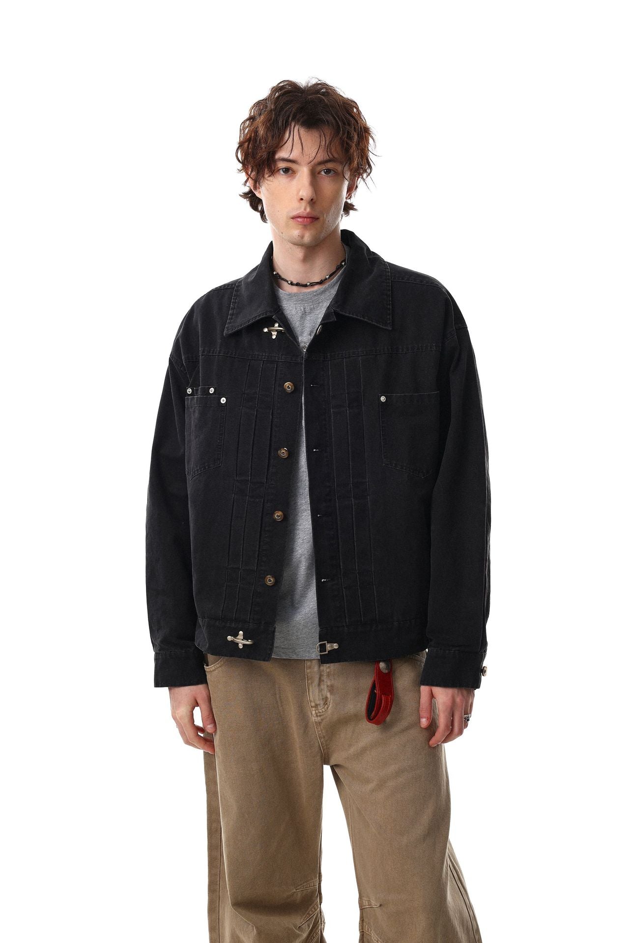 Veste en jean délavée vintage à clips mousqueton – Style trucker workwear