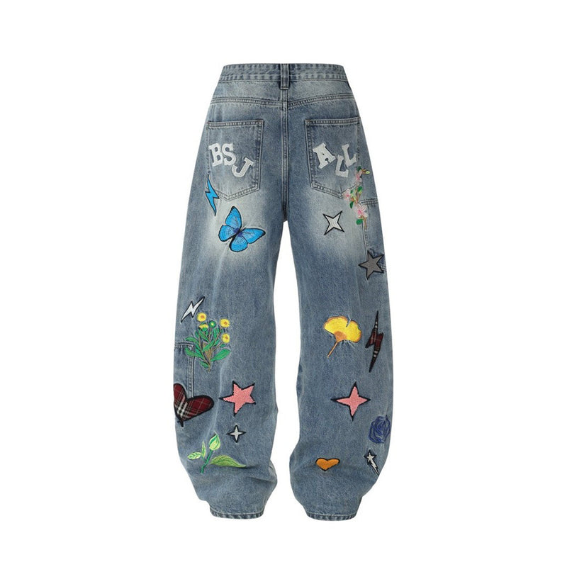 Wide-Leg Jeans with Embroidered Patches – Stars, Butterflies & Roses on Washed