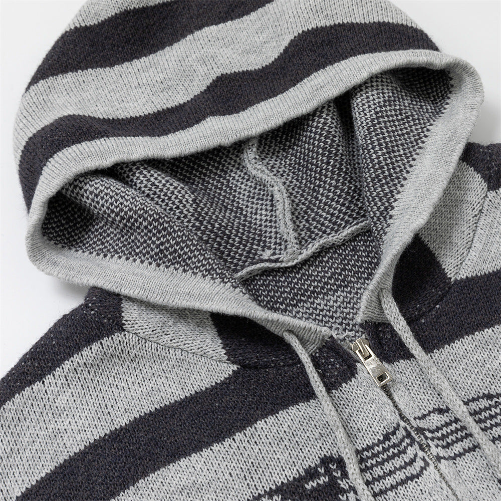 Striped Knit Zip-Up Hoodie – Men's Oversized Color-Block Cardigan Sweater