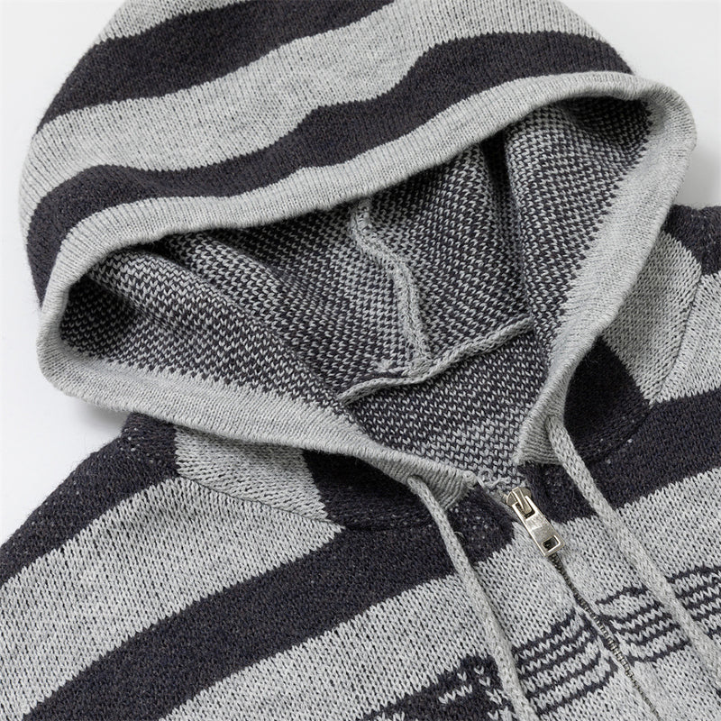 Striped Knit Zip-Up Hoodie – Men's Oversized Color-Block Cardigan Sweater