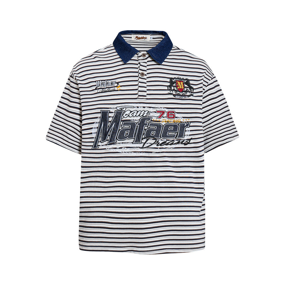 American Vintage Striped Polo Shirt – Mafaer Racing Embroidered Short Sleeve